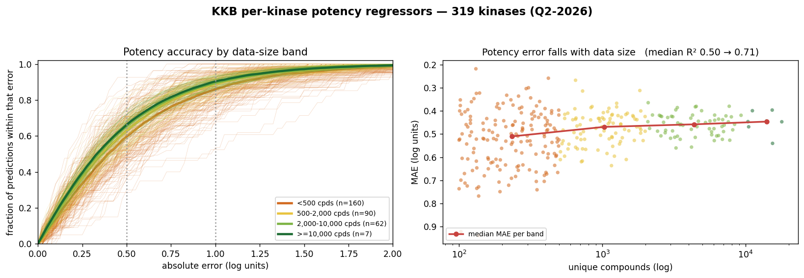 Cumulative potency-error curves by data-size band and mean absolute error versus training-set size for KKB per-kinase pIC50 regressors